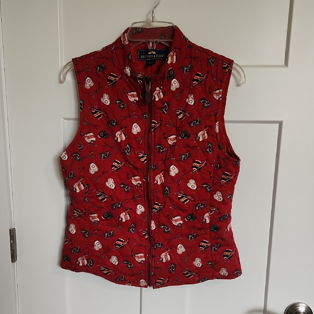 British Khaki Red Quilted Women's Vest with Ski pattern fabric!